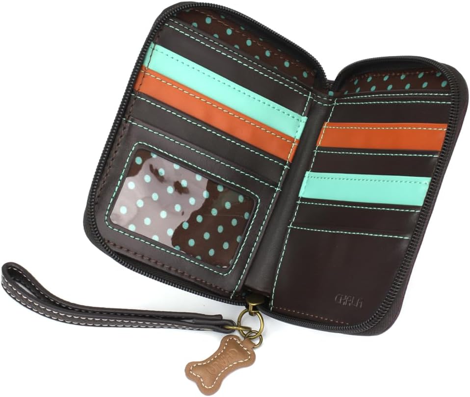 Chala Vegan Leather Zip Around Wallet with Wristlet (French Bulldog - Plum)