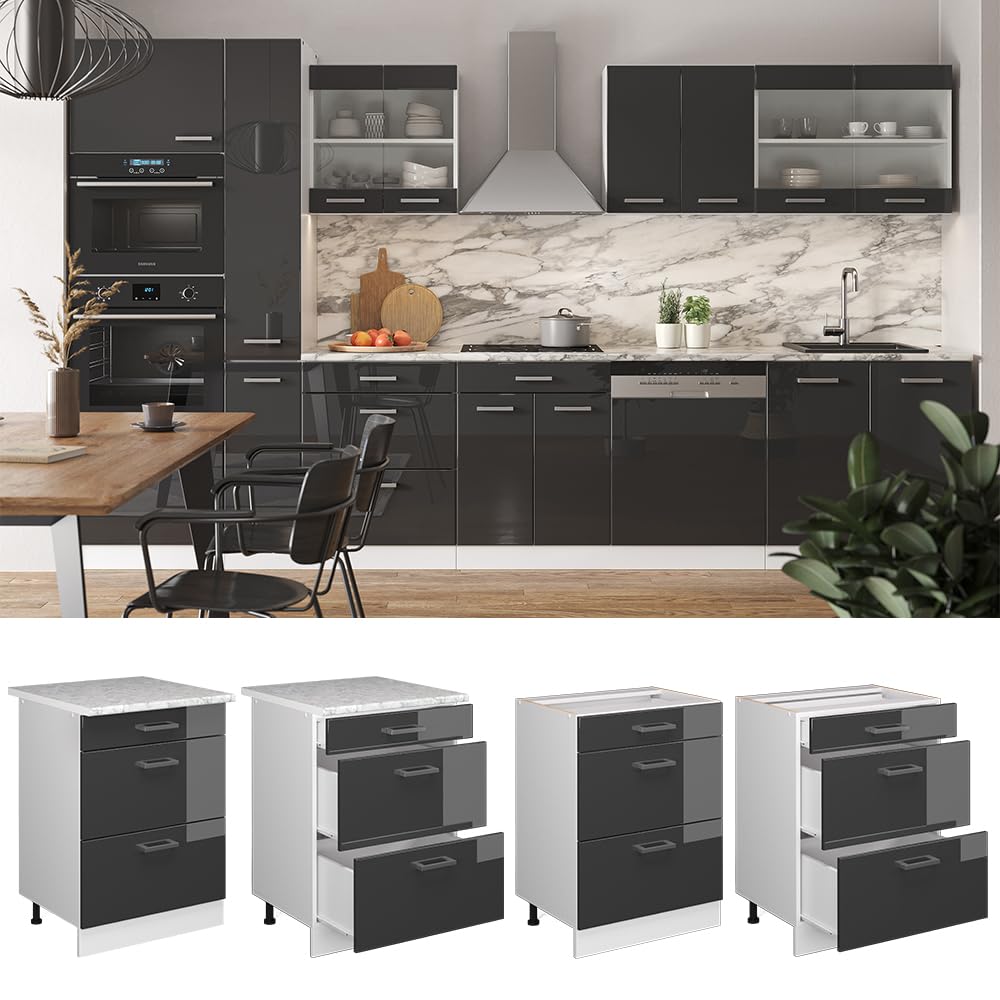 Vicco Mobiletto base per cucina R-Line, Antracite lucido, 60 cm con cassetti, senza piano di lavoro, per la libera combinazione all'interno di sistemi cucina modulari