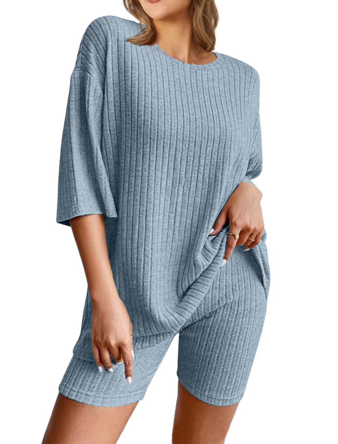 NORACORA Pajamas 2 Piece Lounge Sets Ribbed Knit for Women Matching T-shirt Shorts Outfits Sleepwear