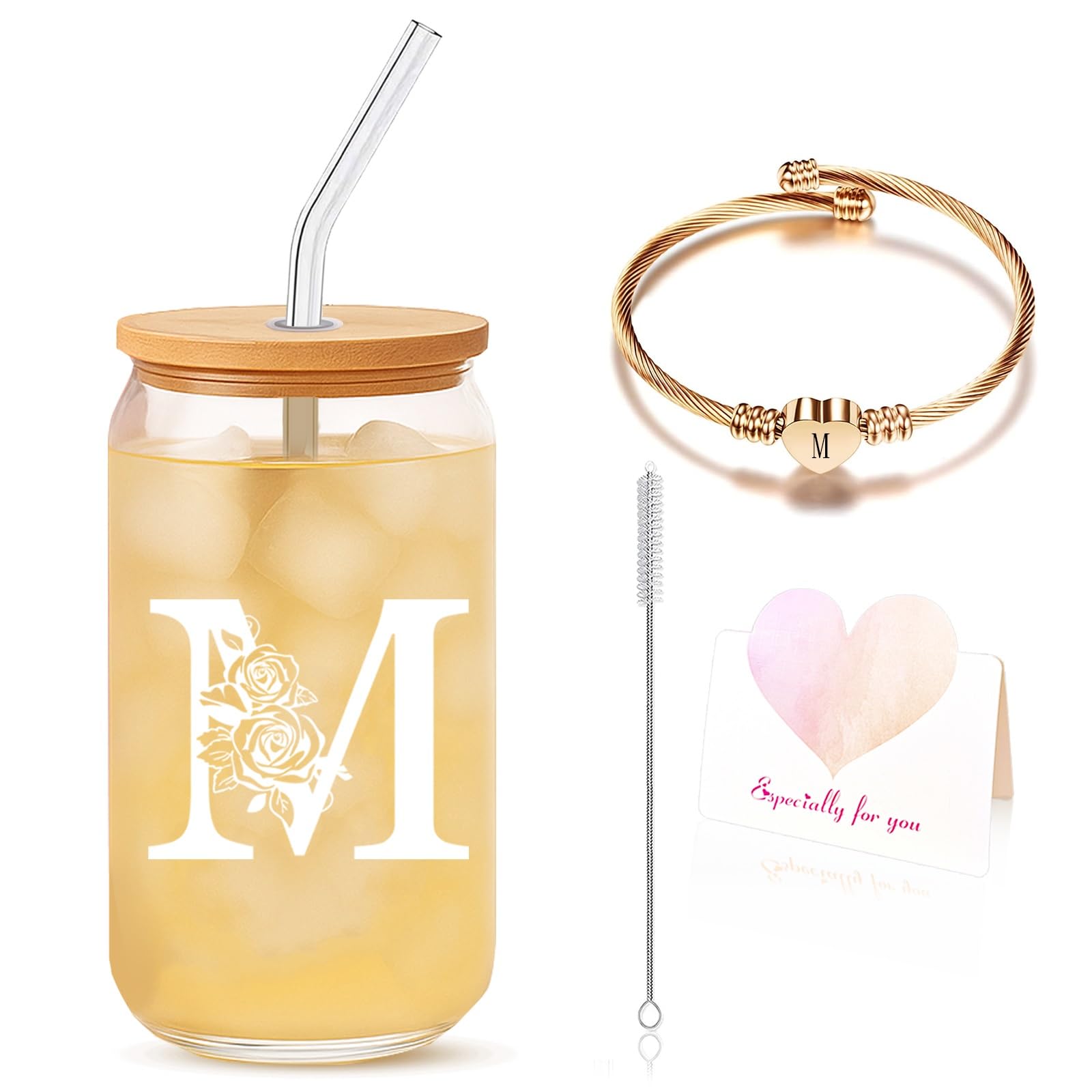 Gifts for Mom, Initial Glass Cup Gift Set with Bracelet, Thoughtful Present for Mama or Mother, Meaningful Keepsake for Her Birthday,Mother’s Day, Just Because or Family Celebration