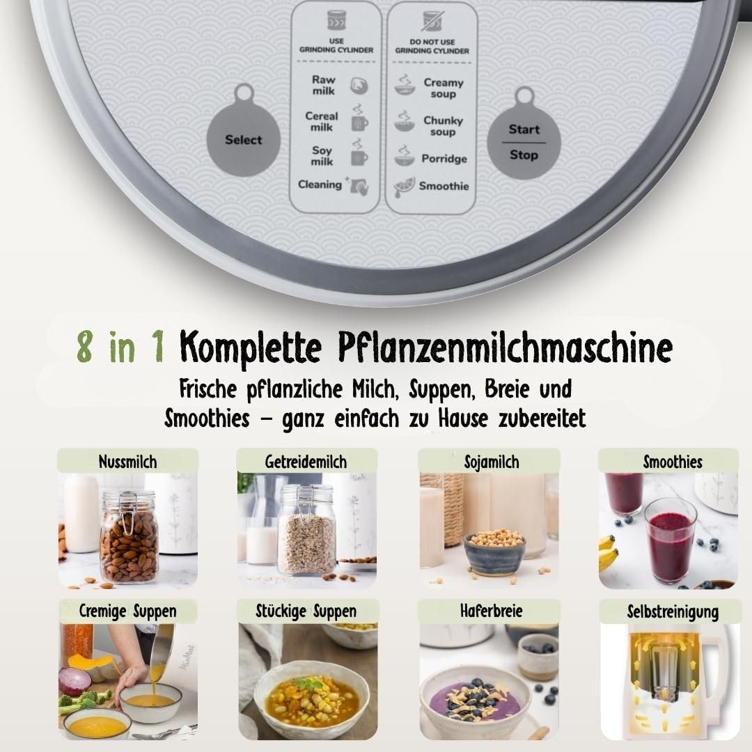 8-in-1 Pflanzlicher Milchbereiter 1,2L Mandelmilch Sojamilch Hafermilch Kokosmilch Suppen Brei Smoothies Püree Vollautomatisch