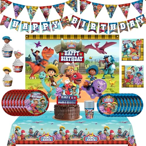Treasures Gifted Dino Ranch Birthday Decorations - Serves 24 Guests - Ultimate Set of Dino Ranch Party Supplies - Dinnerware, Banners, Cake Toppers, & Backdrop