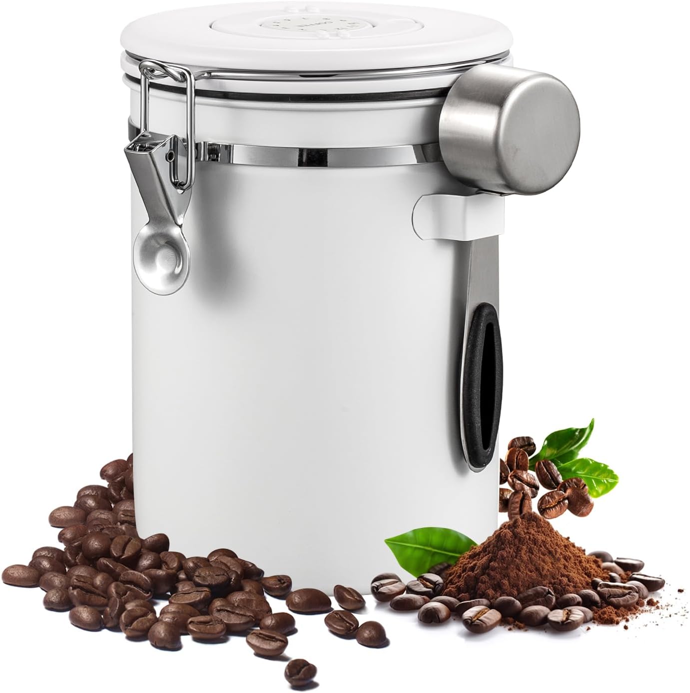 Airtight Coffee Container with Date Tracker & Spoon – Kitchen Storage Jar for Coffee Grounds, Cereal, Beans, Sugar (White, 14OZ)