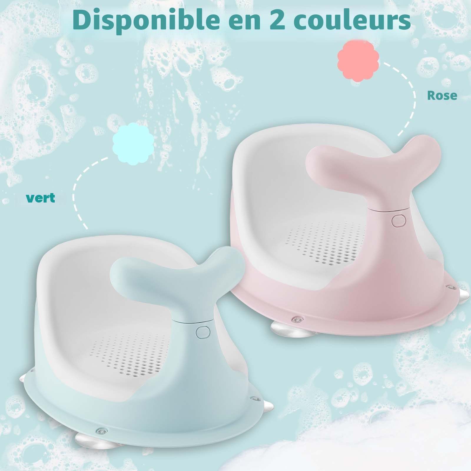 Chaise de Douche pour bébé,forme de baleine mignonne, coussin en silicone en maille respirante et élastique, dossier ergonomique, 4 ventouses antidérapantes puissantes, pour 6 mois et plus (vert)