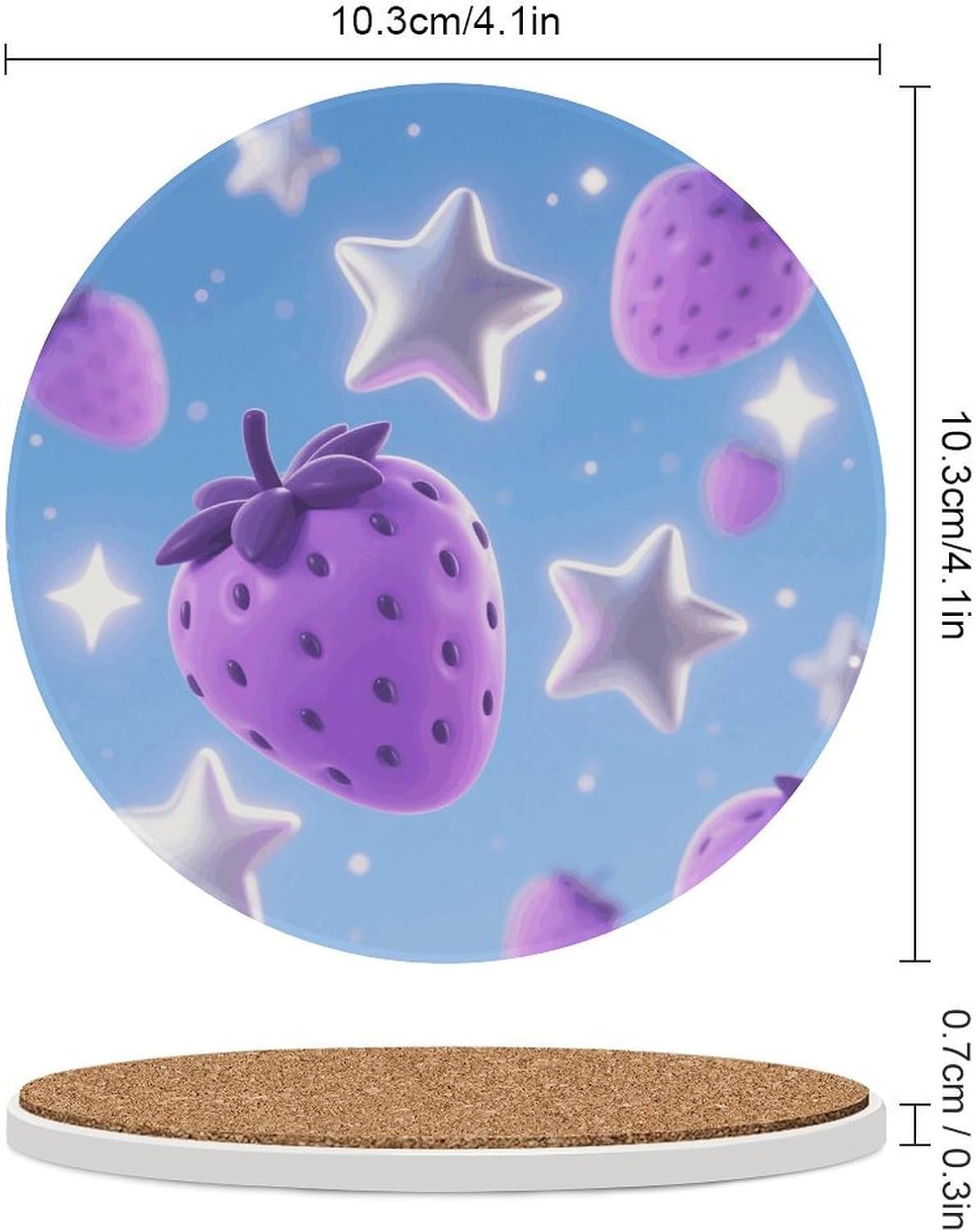 6PCS Stars and Purple Strawberries Coasters Non-Slip Round Drink Coasters with Ceramic Stone and Cork Base, Heat Resistant Absorbent 33.00Stone Coaster Set for Kinds of Mugs and Cups, 4 Inch