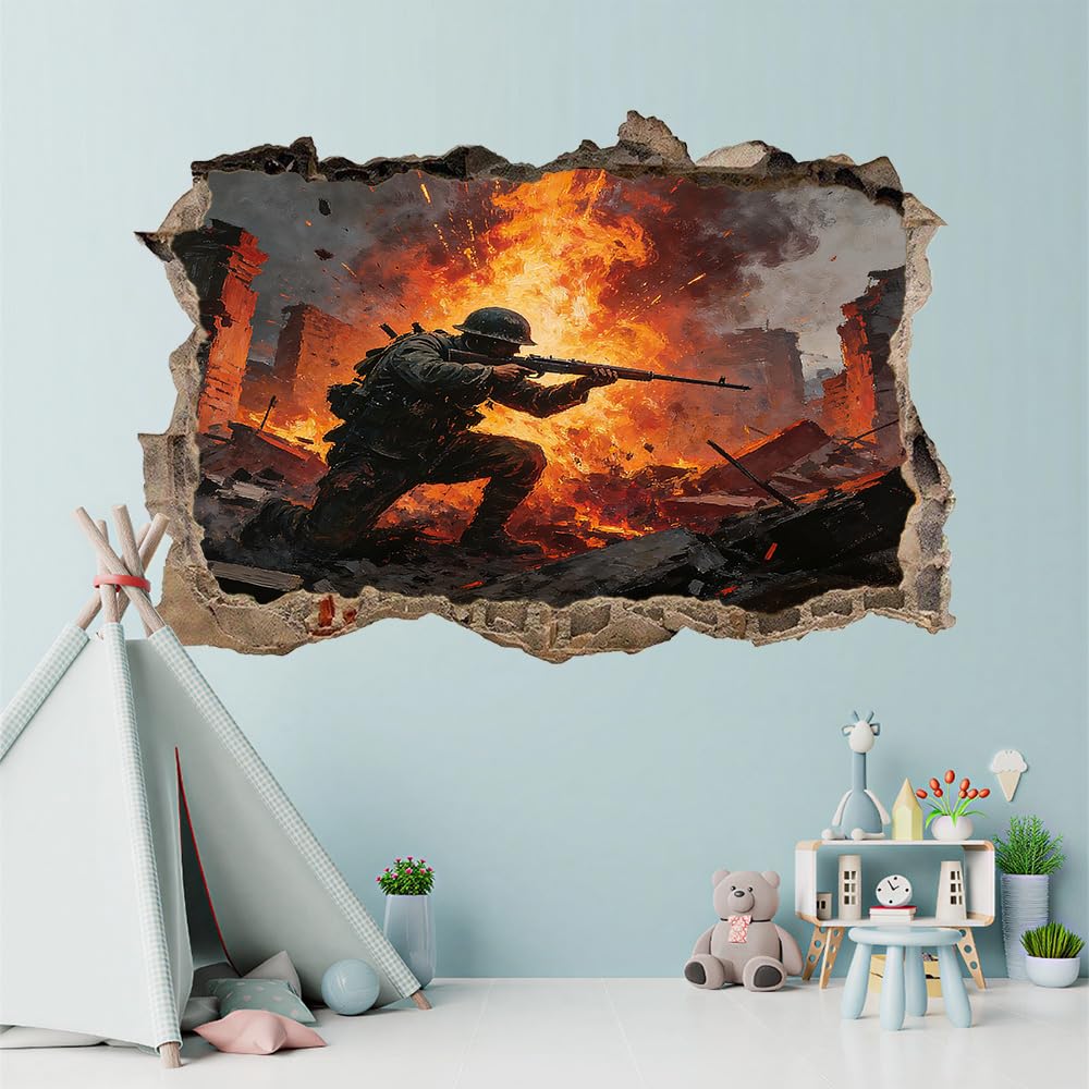 3D Wandtattoo Durchbruch Wanddeko Krieger Wanddurchbruch sticker Wandbild Wandsticker Rote Flamme Wohnzimmer Wanddeko Wandaufkleber für Kinderzimmer Teenager Zimmer