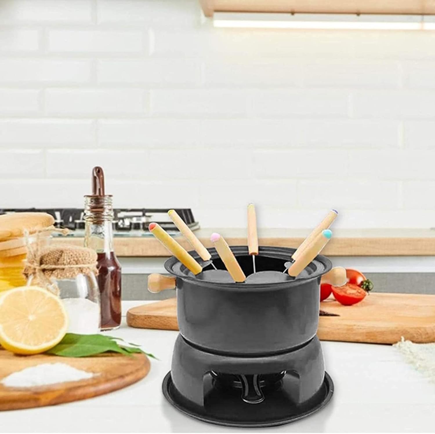 Cheese Fondue Pot Set, Mini Stainless Steel Fondue Pot, with 6 Dipping Forks, Melts Cheese Chocolate Candy Sauce Dip, for Table Side Service Buffet and Party Tables