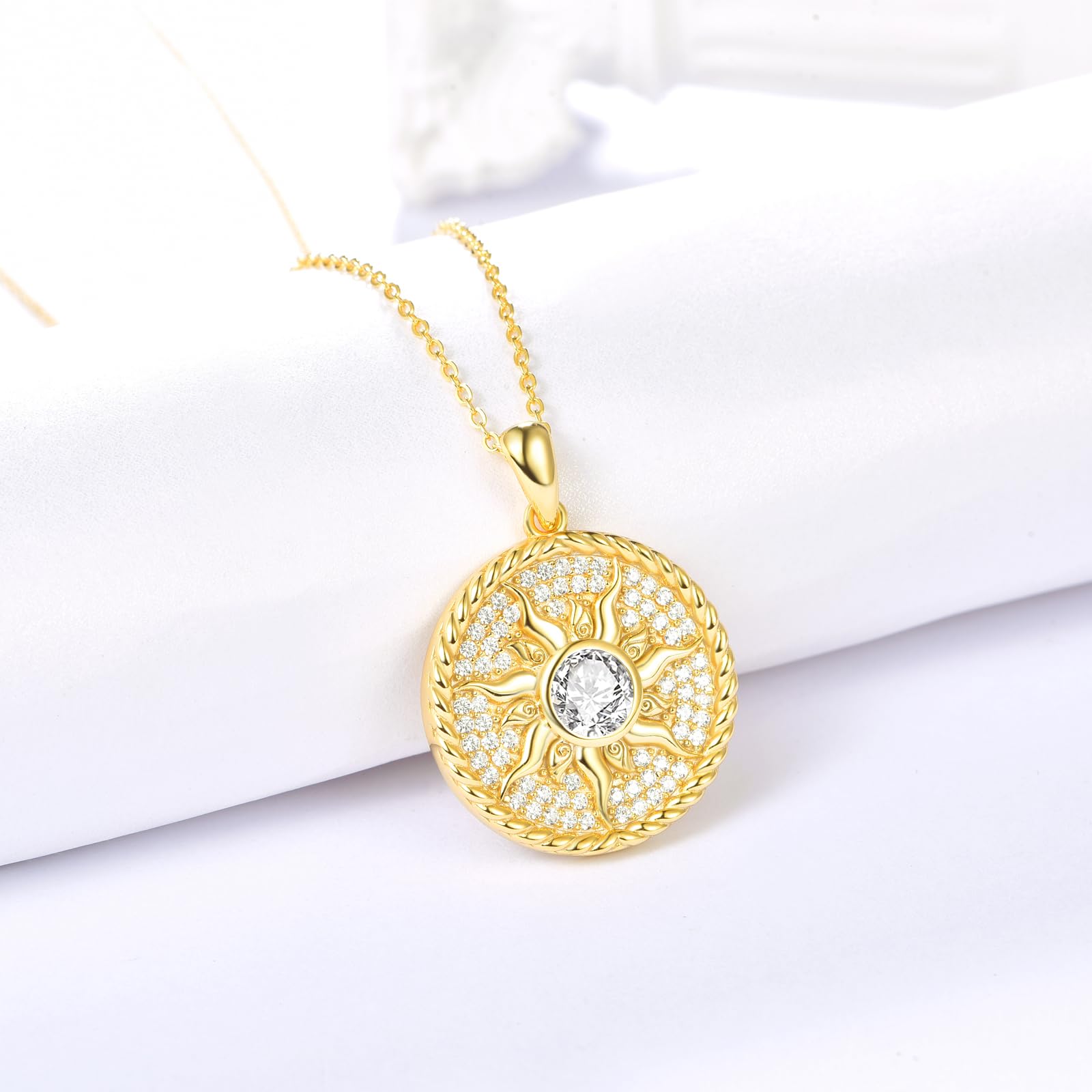 AENEAS 14 Karat vergoldete Sonnen-Halskette für Damen, 925er-Sterlingsilber, Geburtsstein, Sonne, Münze, Halskette, Sonnenschmuck, Geschenke für Frauen und Mädchen, Sterling Silber, Diamant