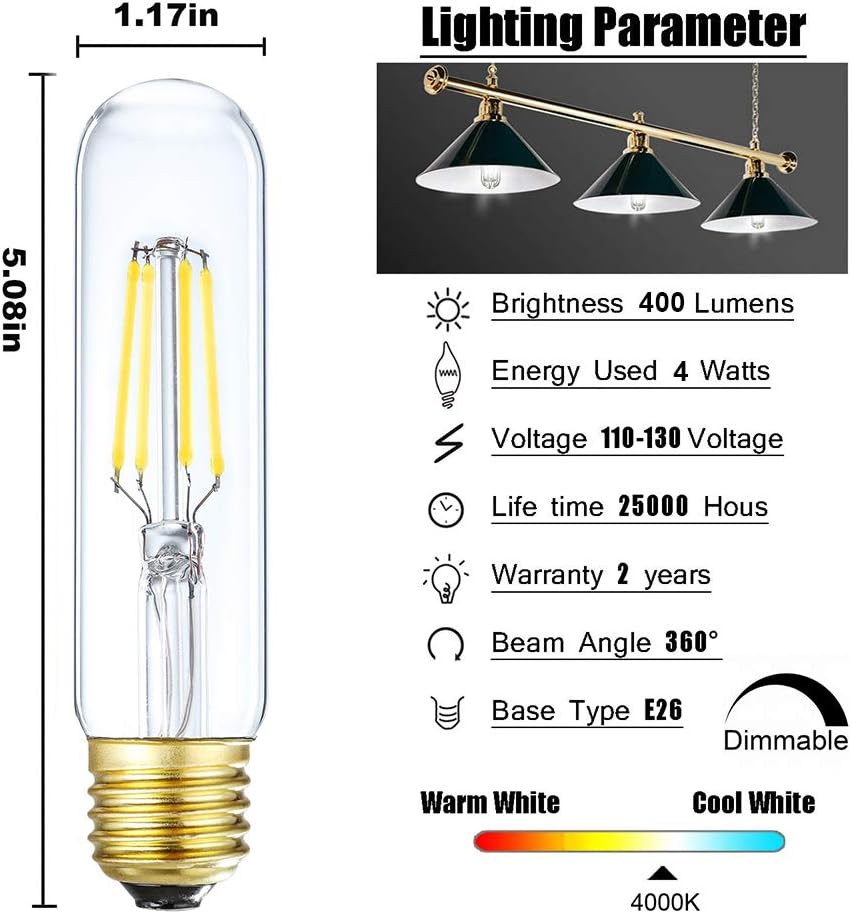 Leools Dimmable Edison Led Tubular Bulb T10,4W Vintage Led Filament Light Bulb 40W Incandescent Bulb Equivalent, 4000K Daylight,E26 Medium Base,3 Pack.