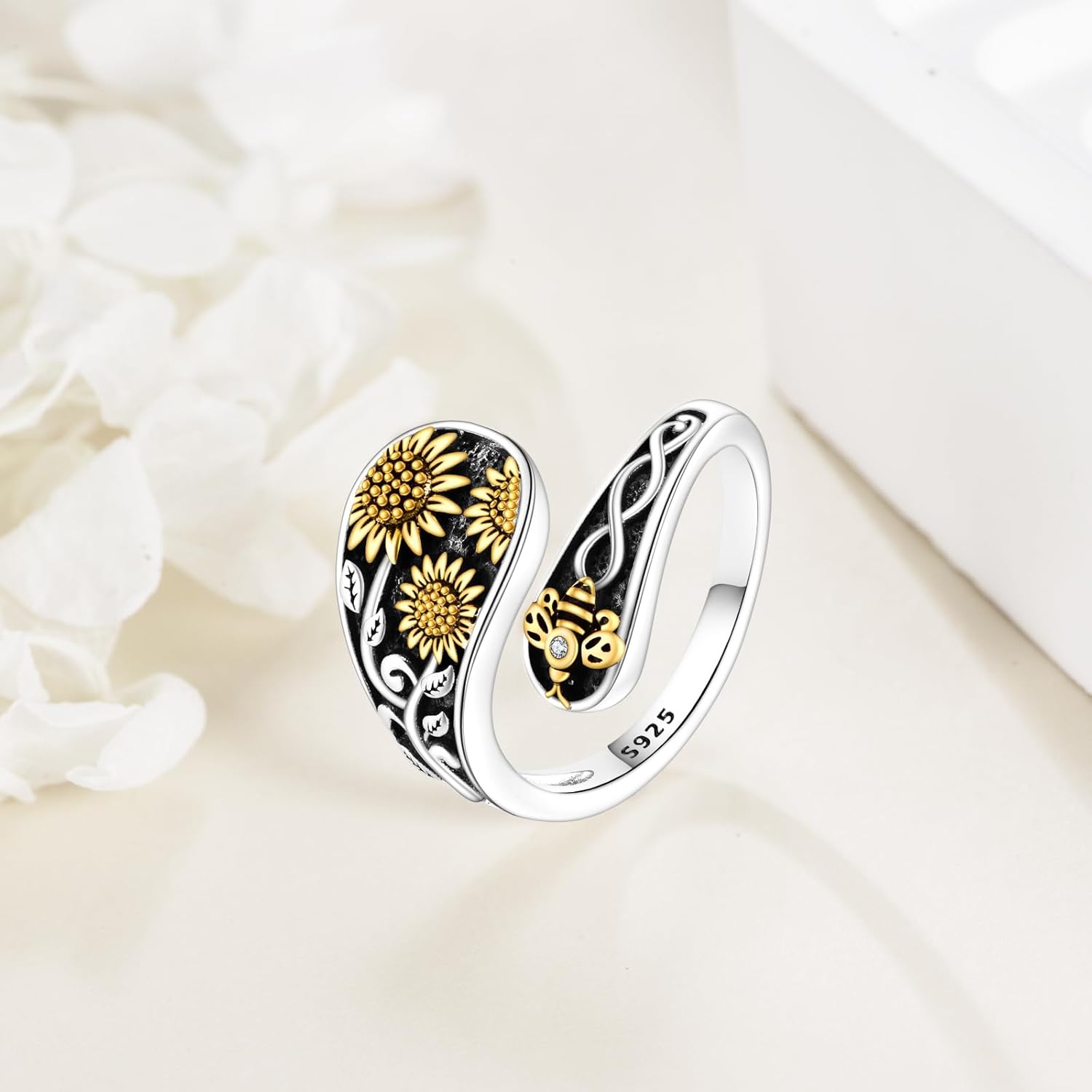 Sunflower Bee Rings for Women Sterling Silver Sunflower Spoon Ring You Are My Sunshine Flower Jewelry Gift (Size 5-13) - Image 5