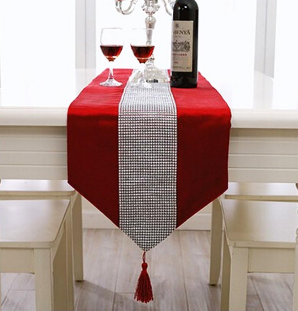 CosyDeal Classic Luxury Manual European Simple Style Dining Table Runners Hotel Bed Coffee Table Runners with Tassel and Sequined Jewelry (83" x 11", red)