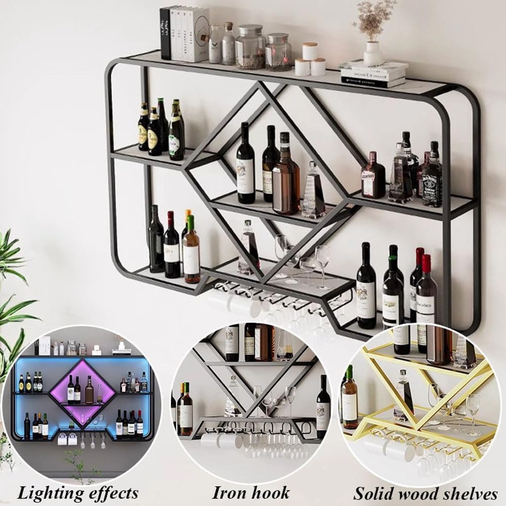 Estantes De Vino Colgantes En La Pared Con Lámparas Led, Estante De Copa De Vino Colgante De Metal Moderno Estante De Exhibición De Botellas Creativas Adecuado Para Bar Familiar, Cafetería (Colore :