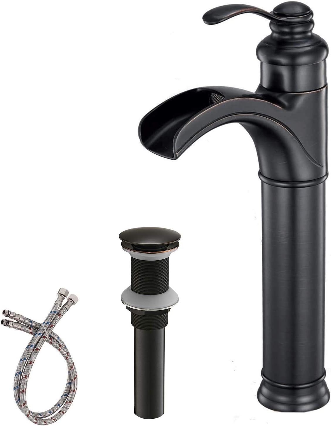 BWE Vessel Sink Faucet Oil Rubbed Bronze Single Hole Bathroom Faucet with Pop Up Drain Without Overflow and Supply Lines Waterfall Bathroom faucets for Sink 1 Hole Basin Vanity Tall Body