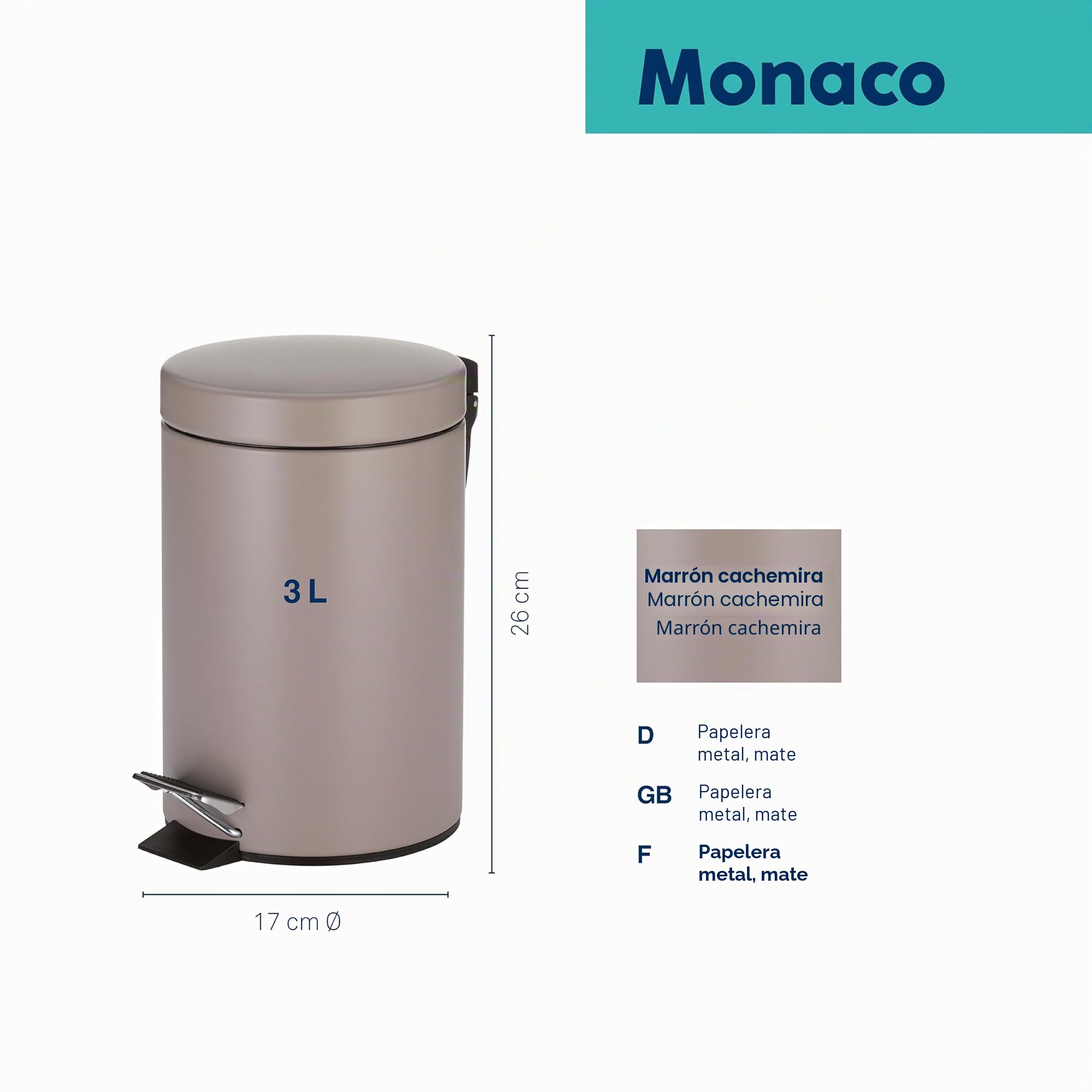kela Cubo de basura para cosméticos marrón 3 l, cubo de basura metálico con pedal para baño, cubo de basura para baño con cubo interior y asa de transporte, MONACO, marrón cachemira mate