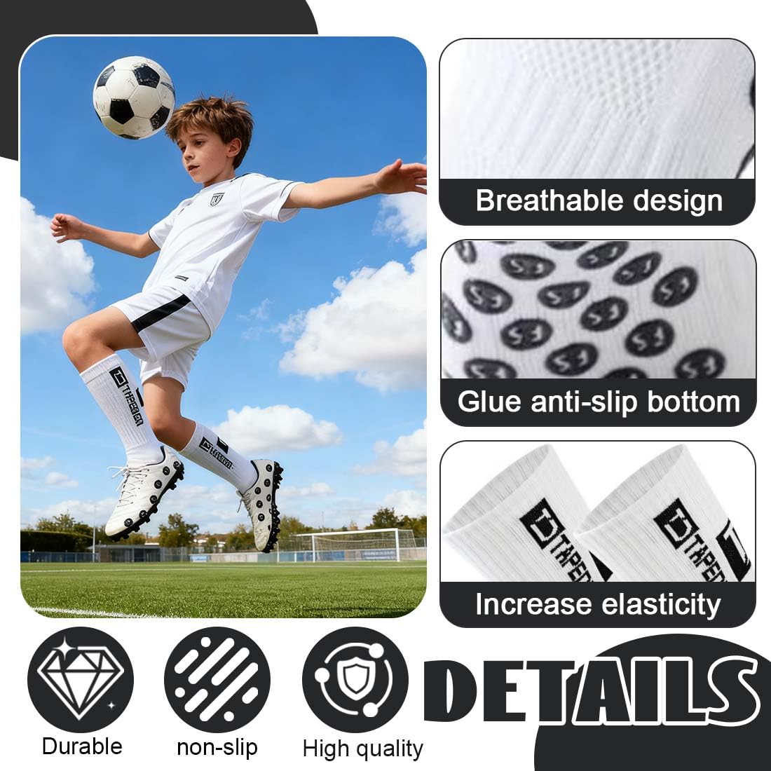 Chaussette Foot Enfant 4 Paires Blanc Taille 26-33 Antidérapantes Football Basketball