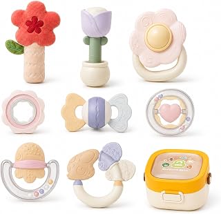 Baby Teether Toys 8 Pack, Baby Rattle Set with Storage Box