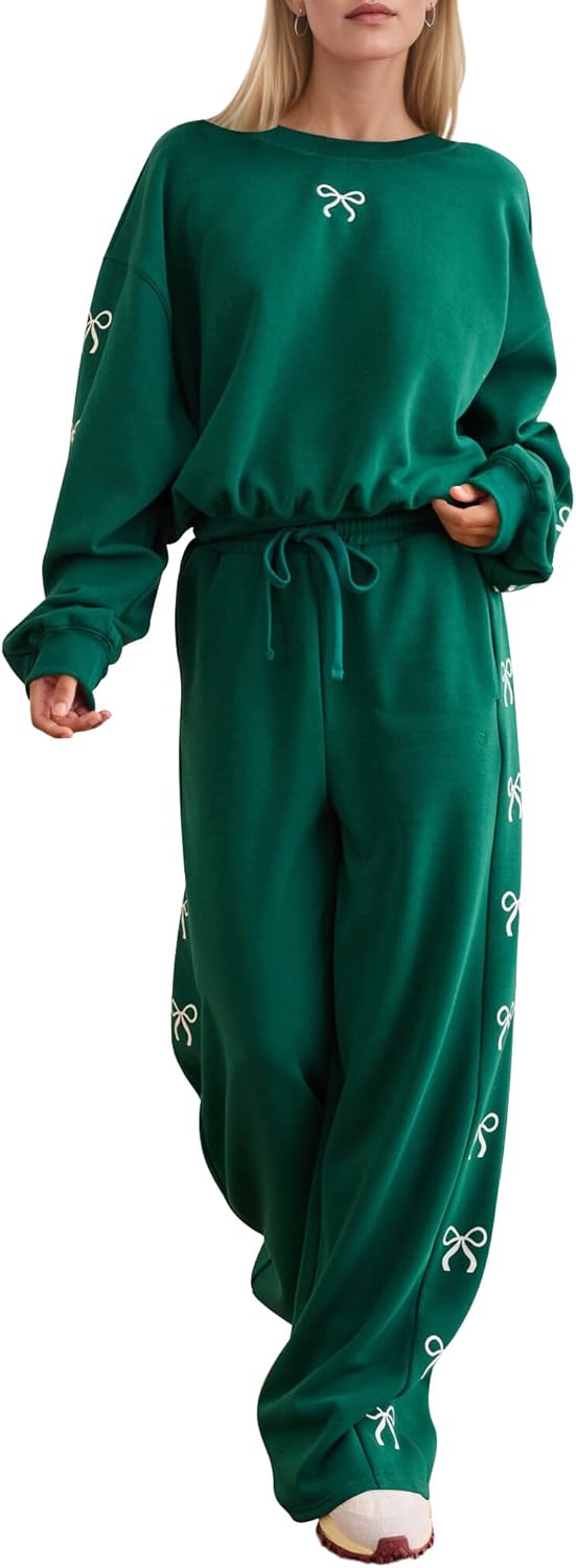 2 Piece Lounge Outfits Bow Trim Hooded Sweatshirt Sweatpants Set Crew Neck Sweatshirt Wide Leg Sweatpants Tracksuit