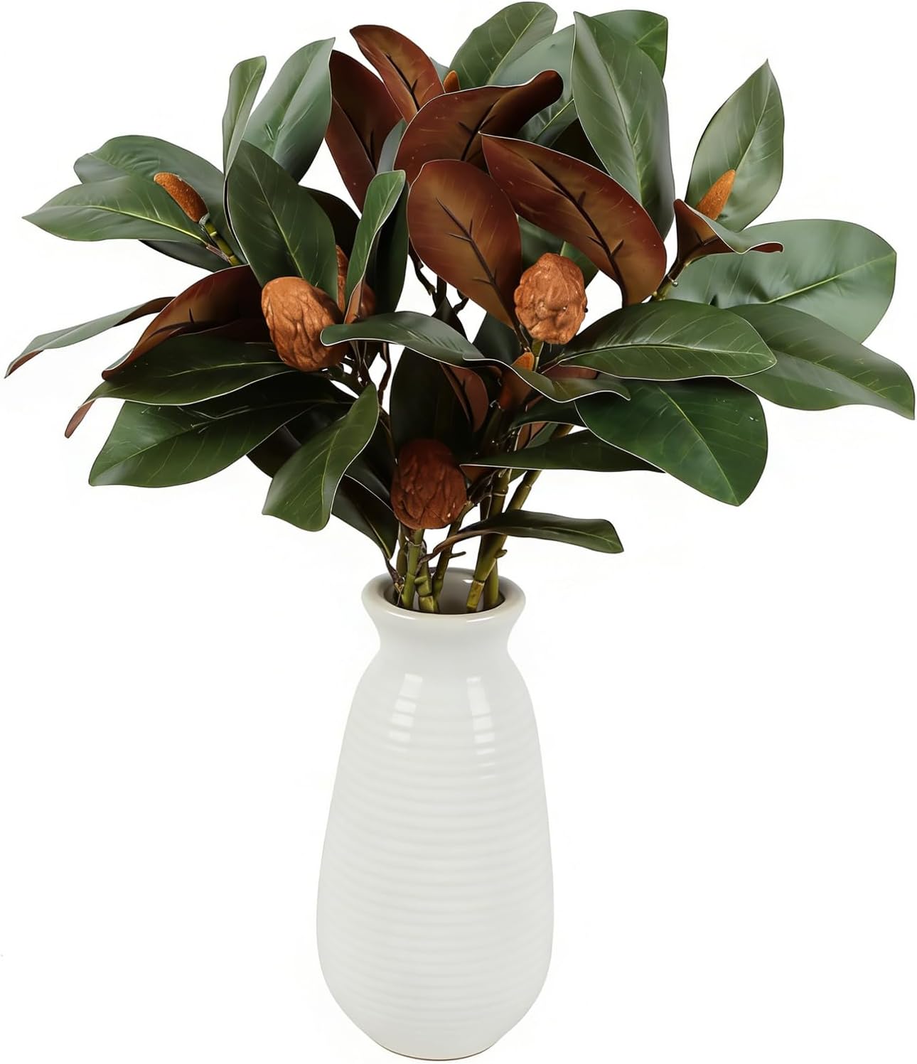 4Pcs Magnolia Branches 32 Inch Long Artificial Magnolia with Leaves and Fruit Stems 3D Plastic Printing Houseplant Greenery for Indoor Outdoor Home Office Wedding Vase Table Centerpiece Decor