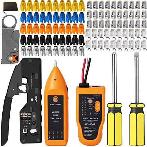 TAIWAIN RJ45/Cat5/Cat6 Cable Crimper Network Tester Tool Pliers Kit, Maintenance Modular Wire Stripping Cutter Set, Ethernet Cable Connectors,Professional Punch Down Tool (Dark)