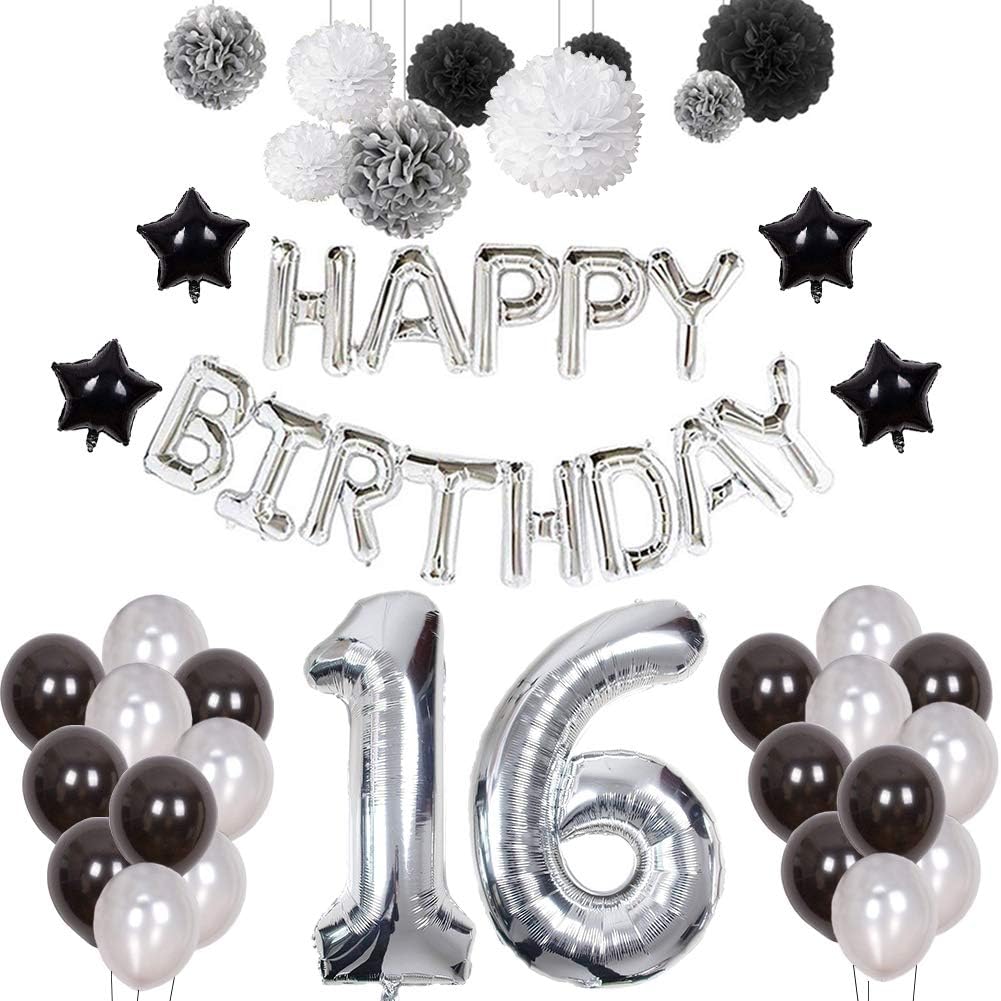 Puchod 16th Birthday Decorations, Happy Birthday Decoration Banner Number 16 Foil Ballon Party Decor Set with Tissue Paper Pom Pom Balls Black Gold Silver for Boy Men
