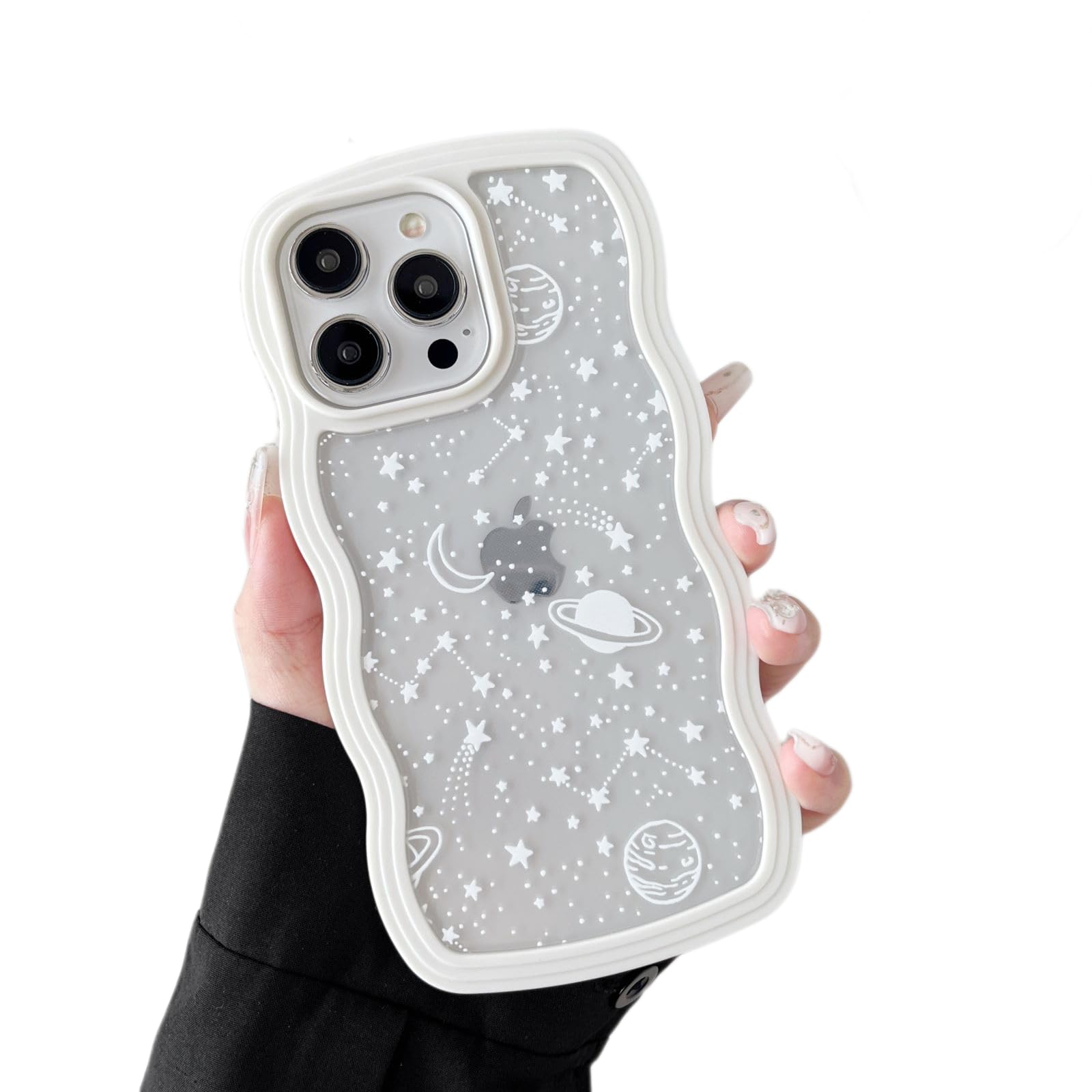 ZTOFERA for iPhone 15 Pro Max Case 6.7 inch,Cute Curly Wave Frame Shape Case with Star Space Pattern, Clear Slim Shockproof Hard PC Bumper Phone Case for iPhone 15 Pro Max, White
