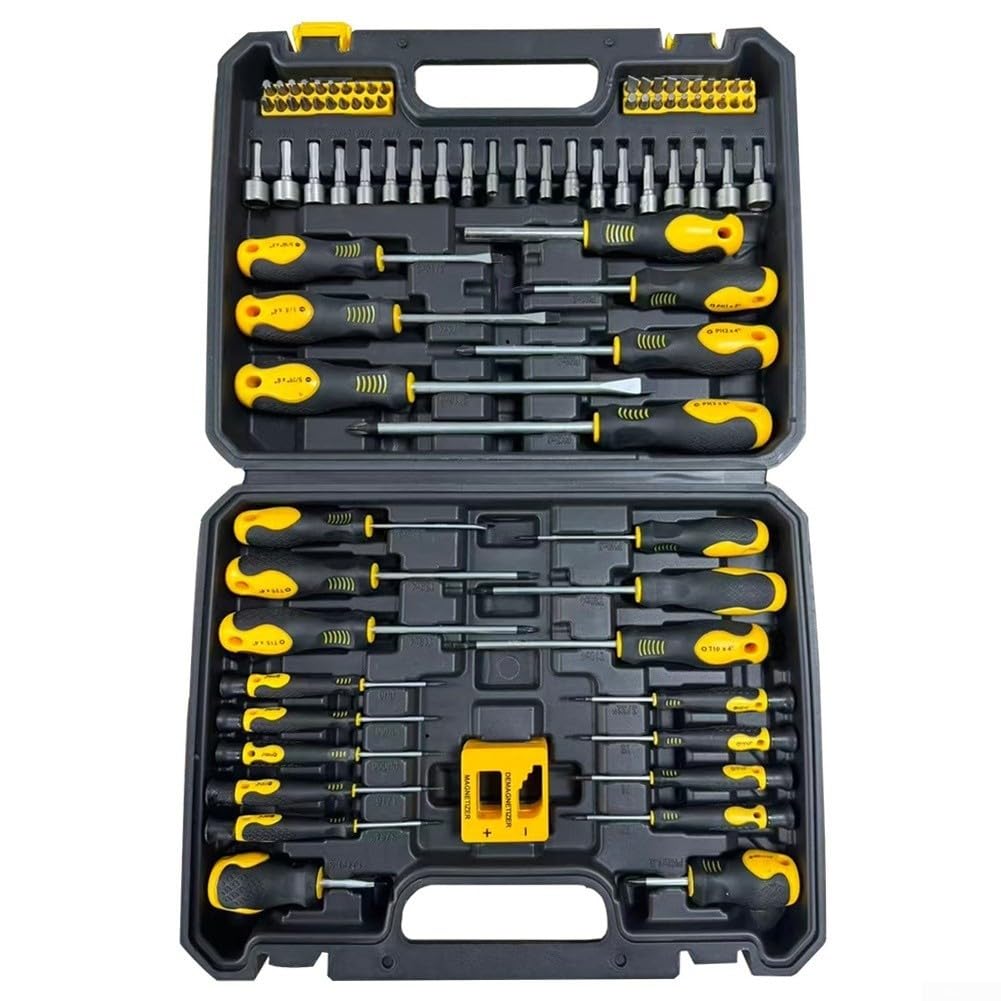Juego de destornilladores magnéticos profesionales de 86 piezas con mango ergonómico antideslizante y puntas de aleación almacenadas en estuche amarillo portátil