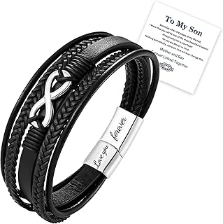 To My Son Bracelet from Mom, Grandson Bracelet from Grandma, Leather Bracelets for Men with Inspirational Quotes, Braided Nautical Bracelet Mom Personalized Gift to Showing Mother Love You Forever