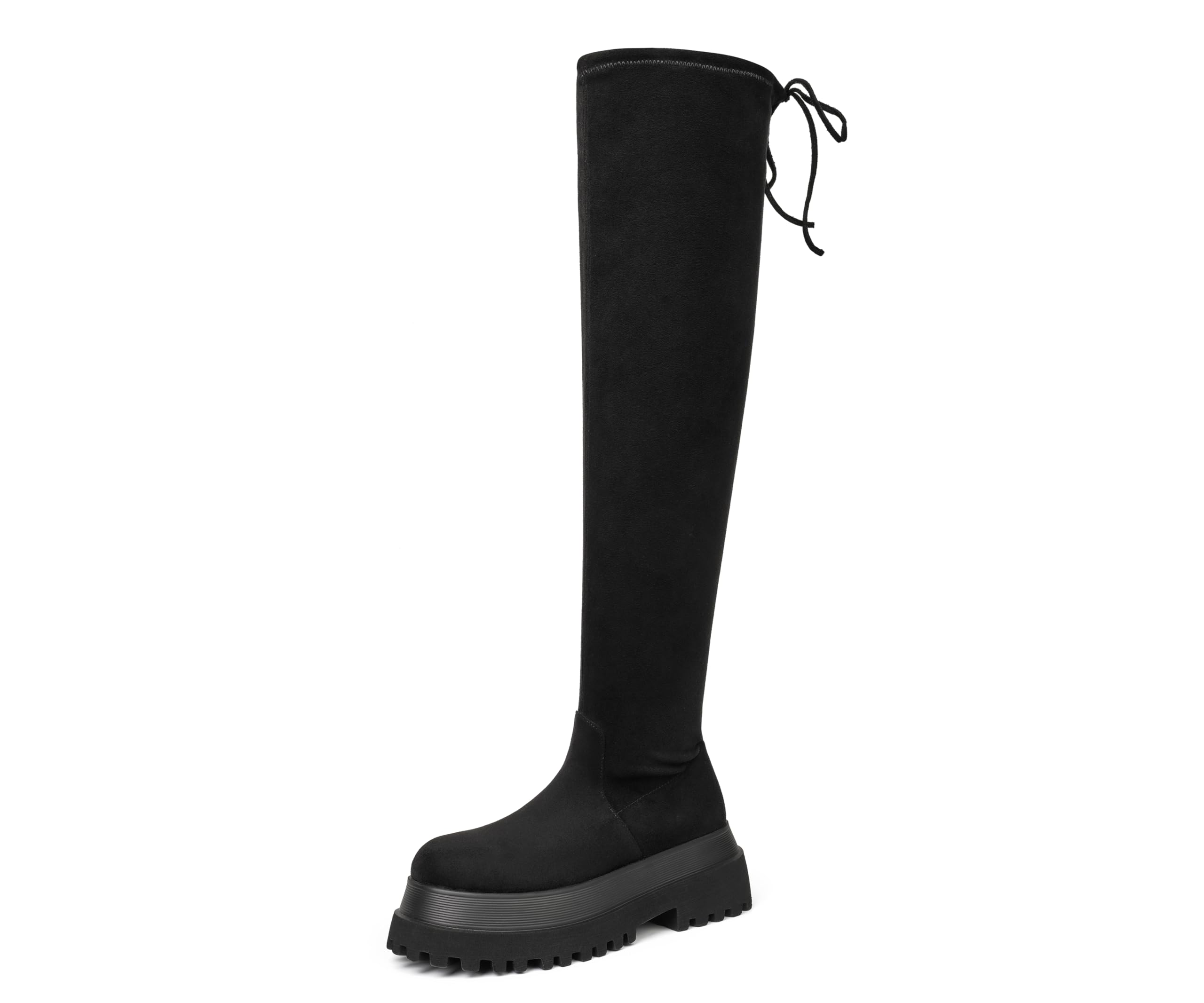 Womens Thigh High Boots Chunky Sole Platform Tall Boots Stretch Faux Suede Casual Comfortable Black Over The Knee