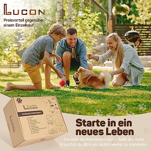 LUCON Hundestarterset Hunde Zubehör Geschenkset bestehend aus Hundespielzeug Hundeleine Hundehalsband Hundedecke Hundebürste Hundenapf Kotbeutel Zeckenkarte Welpen Set