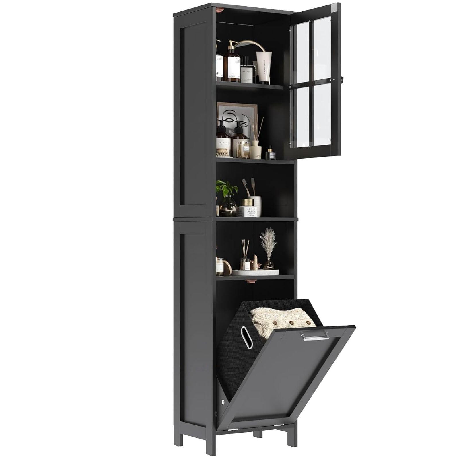 Feonase 67.5" Tall Bathroom Storage Cabinet with Laundry Basket, Slim Narrow Freestanding Cabinet with Adjustable Shelves for Small Space, Laundry Room, Kitchen, Living Room, Entryway, Black
