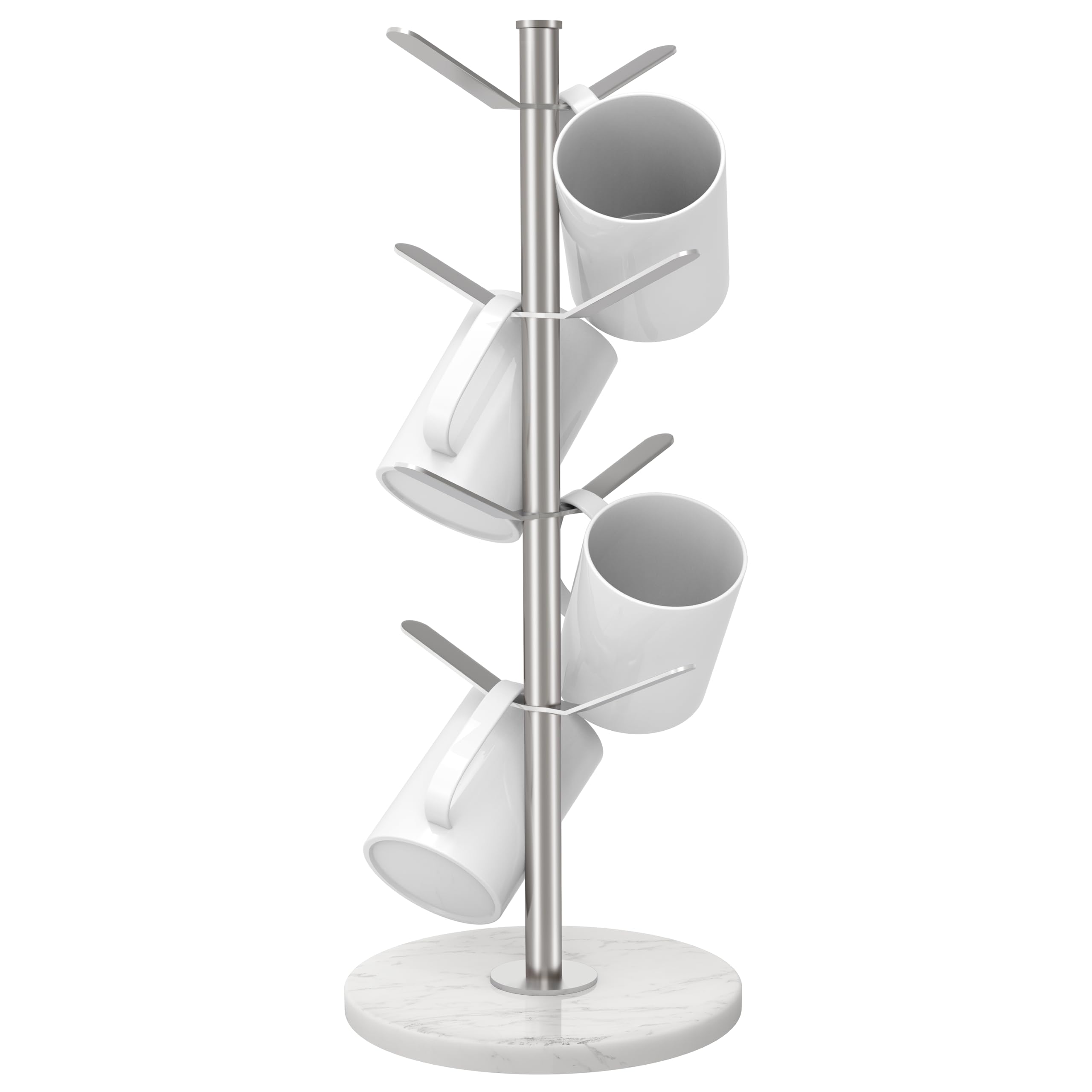 Marble Mug Holder Tree with 8 Hooks, Stainless Steel Coffee Cup Holder, Non-Slip Silicone Pads, Heavy Duty Marble Base, Countertop Organizer for Kitchen & Cafe, Silver