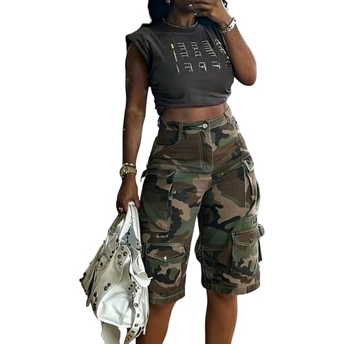 LETSVDO Women Ripped Camo Shorts Baggy Cargo Camouflage Army Fatigue Jorts