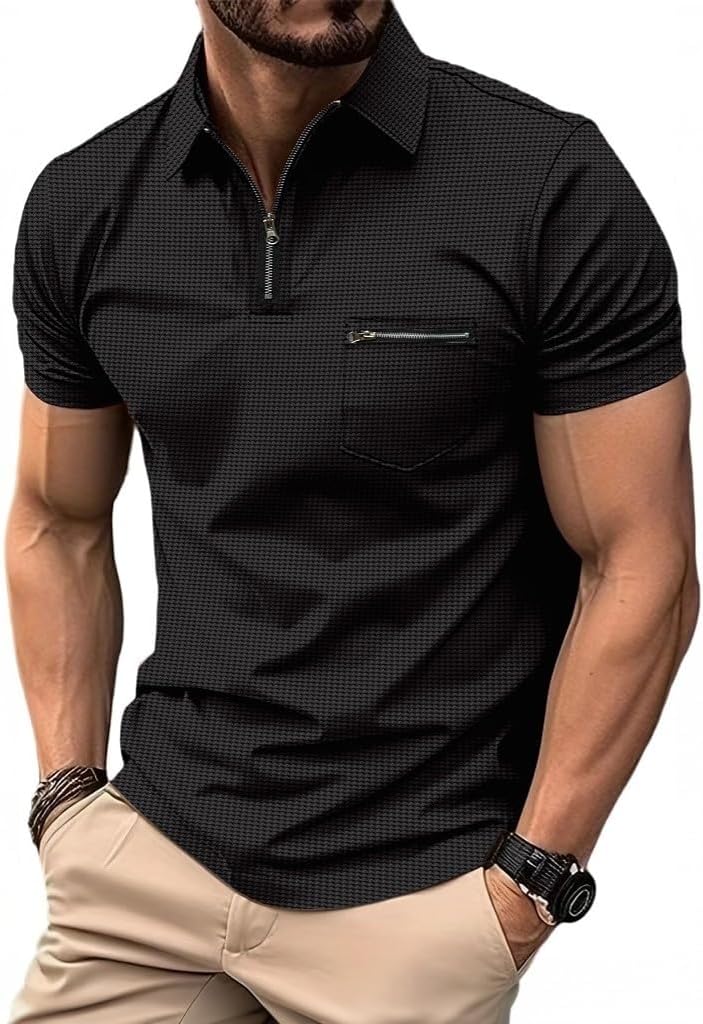 Mens Casual Polo Shirt V Neck Summer Short Sleeve Tops Business Vacation Golf Shirts