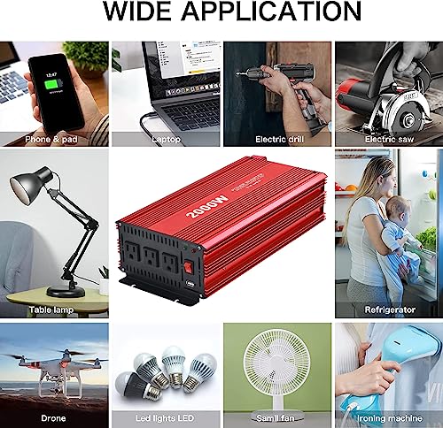 2000W Power Inverter 2000 Watt Modified Sine Wave Inverter With 3 Ac Outlets And 2.4A Usb Port Converter Dc 12V In To Ac 110V Out For Car Rv Truck(Red) #TOP4