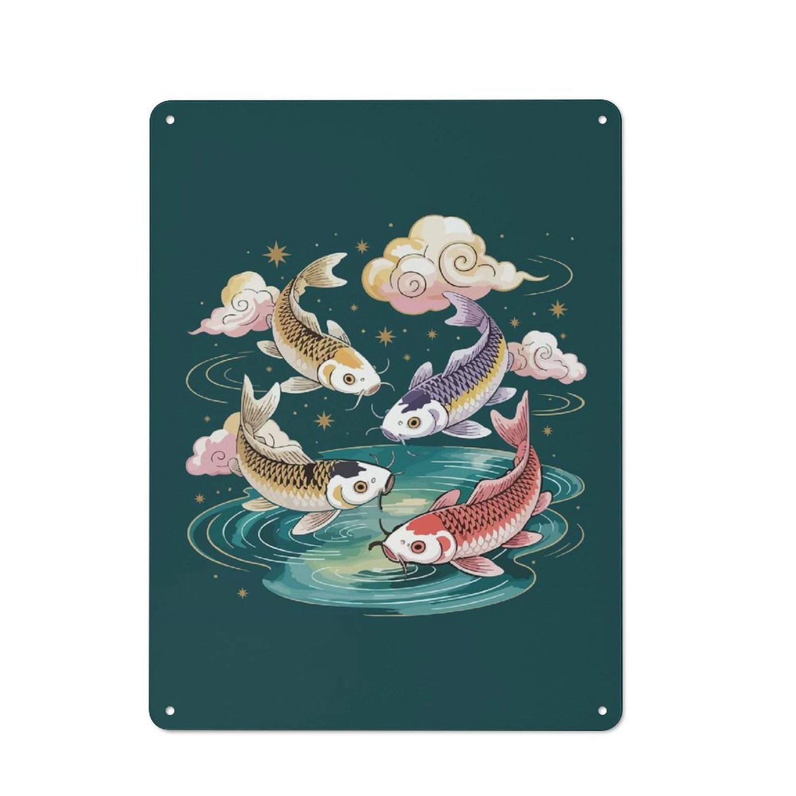 Junmoney Style-14 40X30cm Rustic Tin Sign With Four Koi Fish In A Circle For Studio Or Craft Room, Tin Sign Wall Decor For Studios And Craft Rooms
