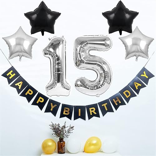 Miniatura 2 de Juego de decoraciones de fiesta de cumpleaños número 15 para niñas, niños, mujeres y hombres, pancarta de letras negras de feliz cumpleaños, globos