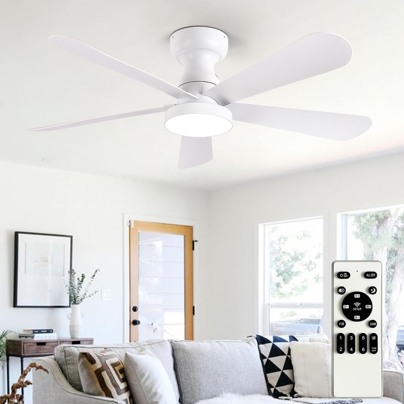 Depuley Small Ceiling Fan with Lights: 42-Inch Flush Mount Fan with Light and Remote - White Low Profile Ceiling Fans Reversible Quiet DC Motor for Bedroom Living Room Indoor Outdoor