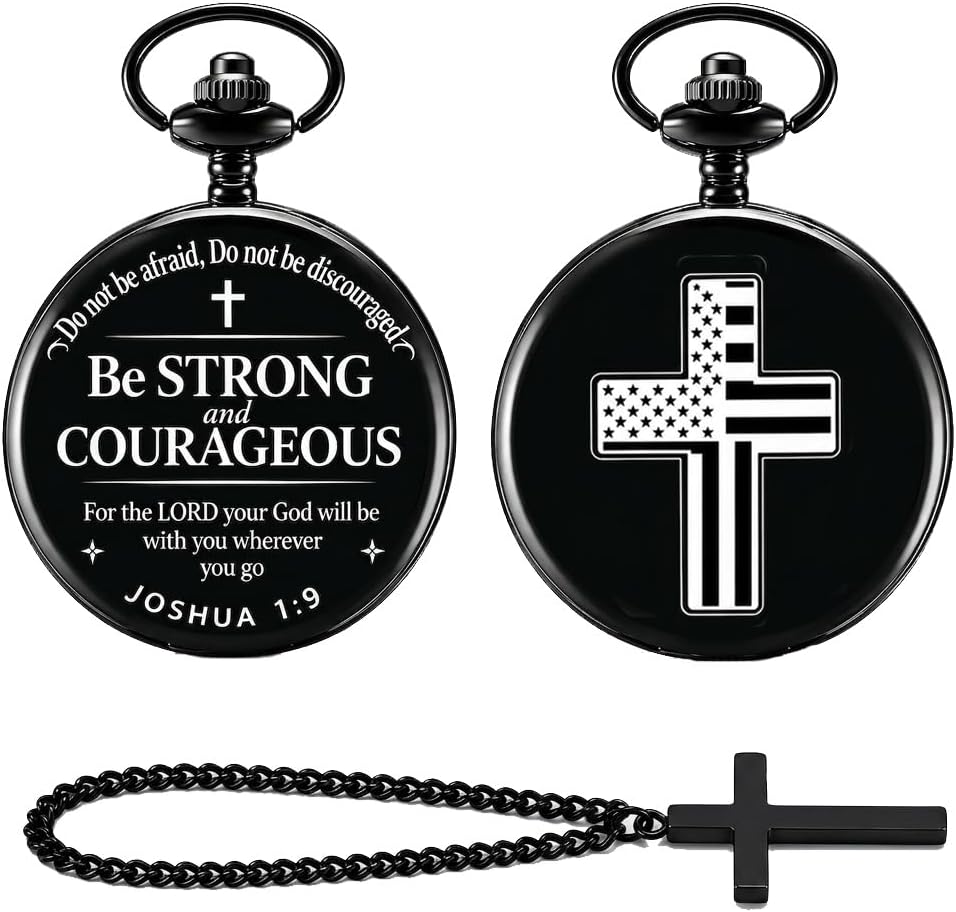Udaney Jofanvin Christian Gifts for Men, Bible Verse Engraved Pocket Watch and Cross Necklace Set, Religious Graduation Baptism Birthday Gift for Son Grandson Dad,
