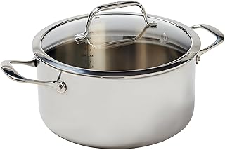 T-Fal Pro Tri-Ply Stainless Steel Large Dutch Oven Pot with Lid, 6 Quart Induction Pot, Oven Safe 500F, Lid 350F, Fast & Even Heat, Professional Quality & Durability, Silver