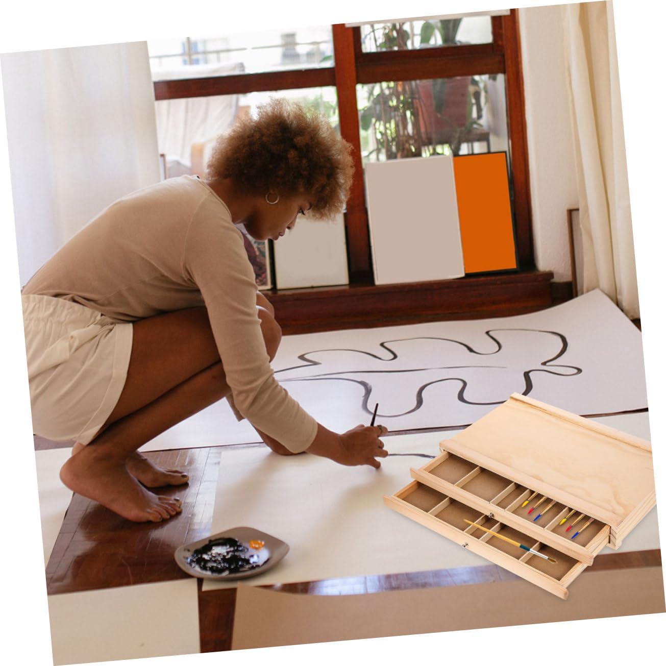 Portable Wooden Painting Case with Multiple Drawers for Outdoor Sketching