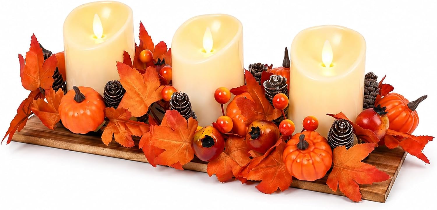Fall Candle Holder Table Centerpiece with LED Candles Wood Tray