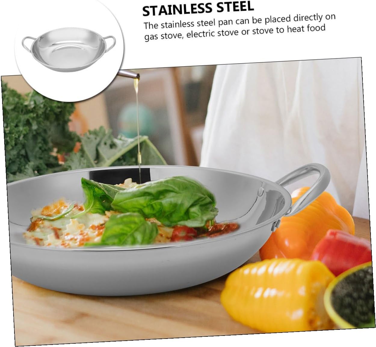 Flat Pan Cooking Pot Double Ear Stainless Steel Hot Pot Household Easy Clean