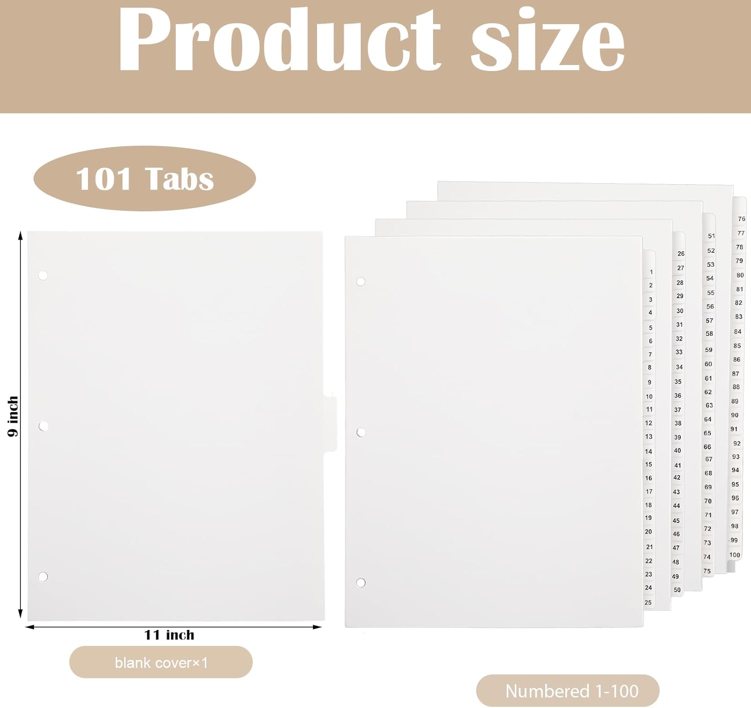 Yeaqee 101 Numbered Tabs for 3 Ring Binders, Letter Size Numbered Dividers 3 Hole Punched White Binder Index for File Notebook 8.5 x 11 Inch