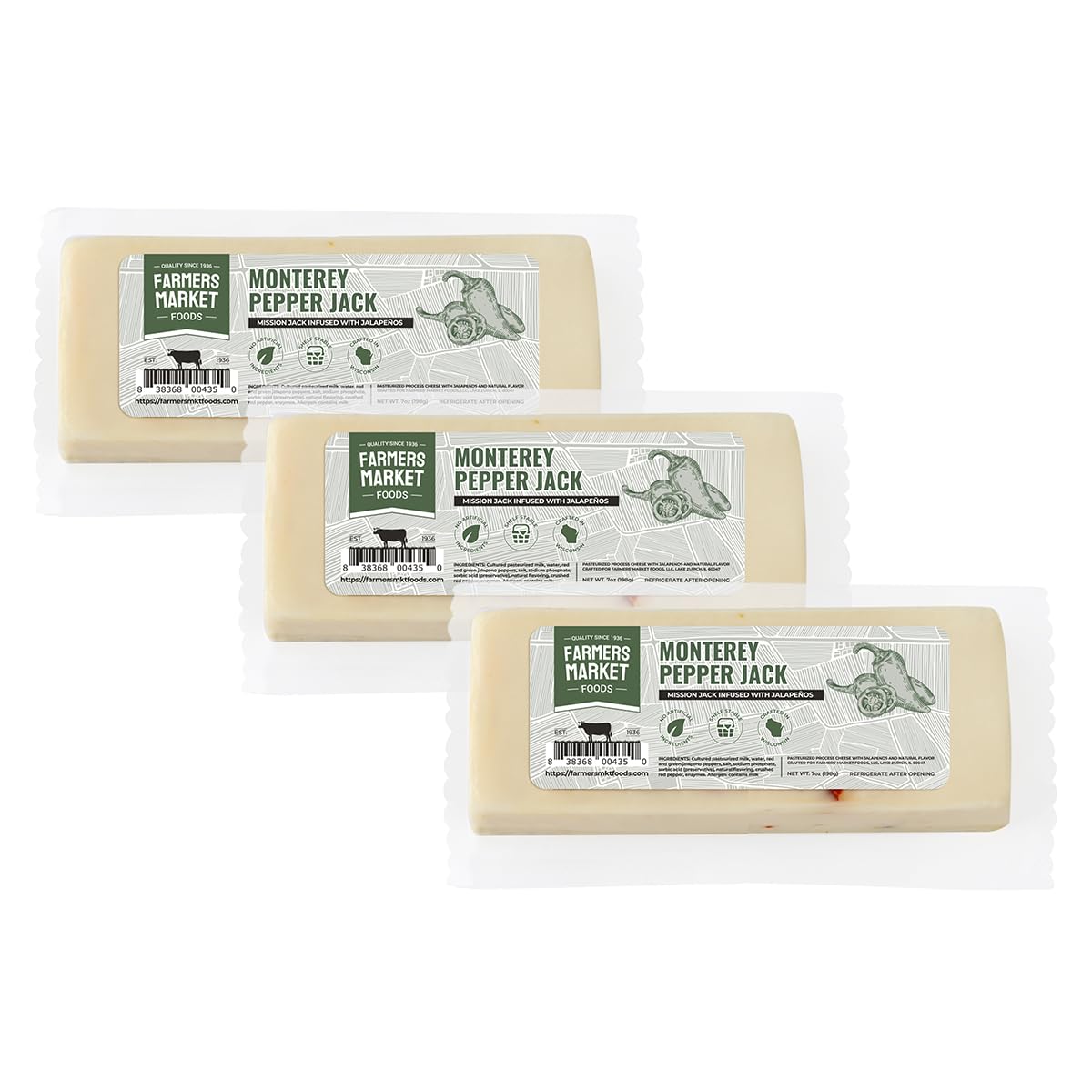 Farmers Market, Gluten Free, Keto, Paleo, Low Sodium, Zero Sugar, Wisconsin Cheese Gift Sets, 3-Pack, Monterey Pepper Jack