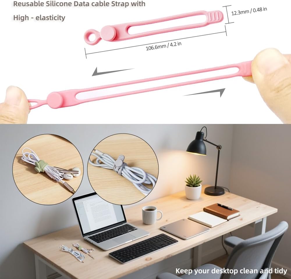 12 Pcs Retractable Silicone Cord Ties for Electronics, Cord Organization Bands, Data Cable Organizer & Cable Ties Reusable for Home Office and Travel Use