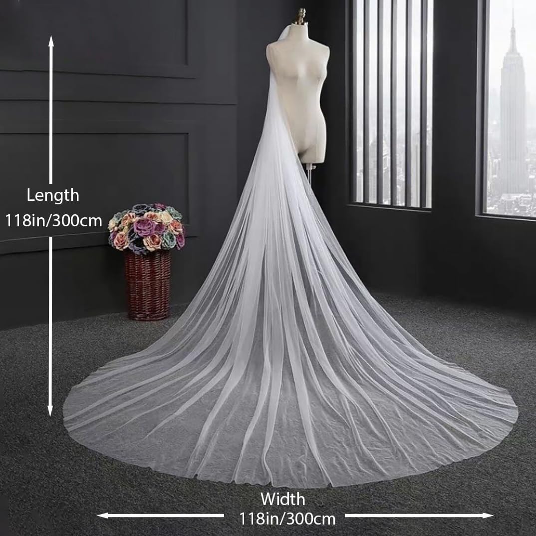 118’’ Bridal Cathedral Length Veils 1 Tier Long Wedding Veil for Brides Veil with Comb Simple Soft Tulle - Image 3