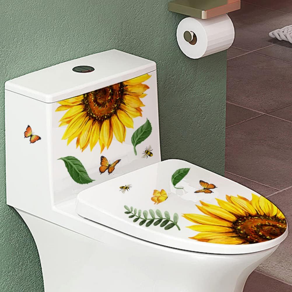 2Pcs Sunflower Butterfly Toilet Seat Wall Stickers Self-Adhesive Flower Toilet Lid Cover Decals Removable Watercolor Bouquet Toilets Stickers for Bathroom Washroom Restroom Art Decor