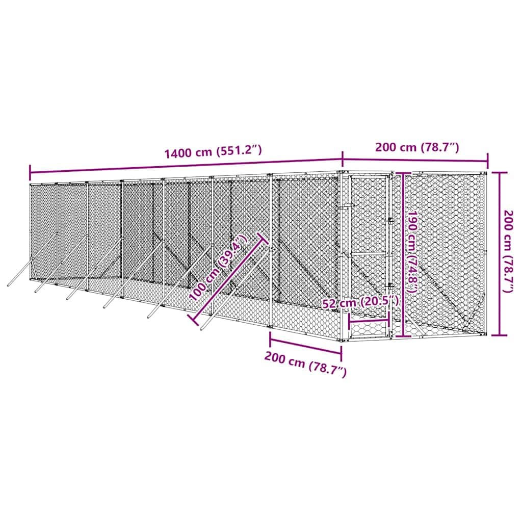 Perrera para perros de exterior plateada de acero galvanizado, 2 x 14 x 2 m, con puerta con cierre, para perros, cachorros, animales pequeños, resistente a la intemperie, estable como recinto