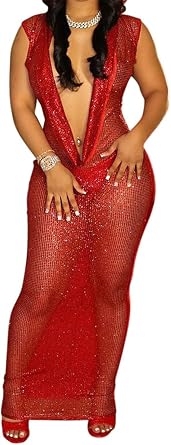 Recious Womens Sexy Sleeveless Hooded Deep V Neck Mesh Sequins Bodycon Party Clubwear Dress