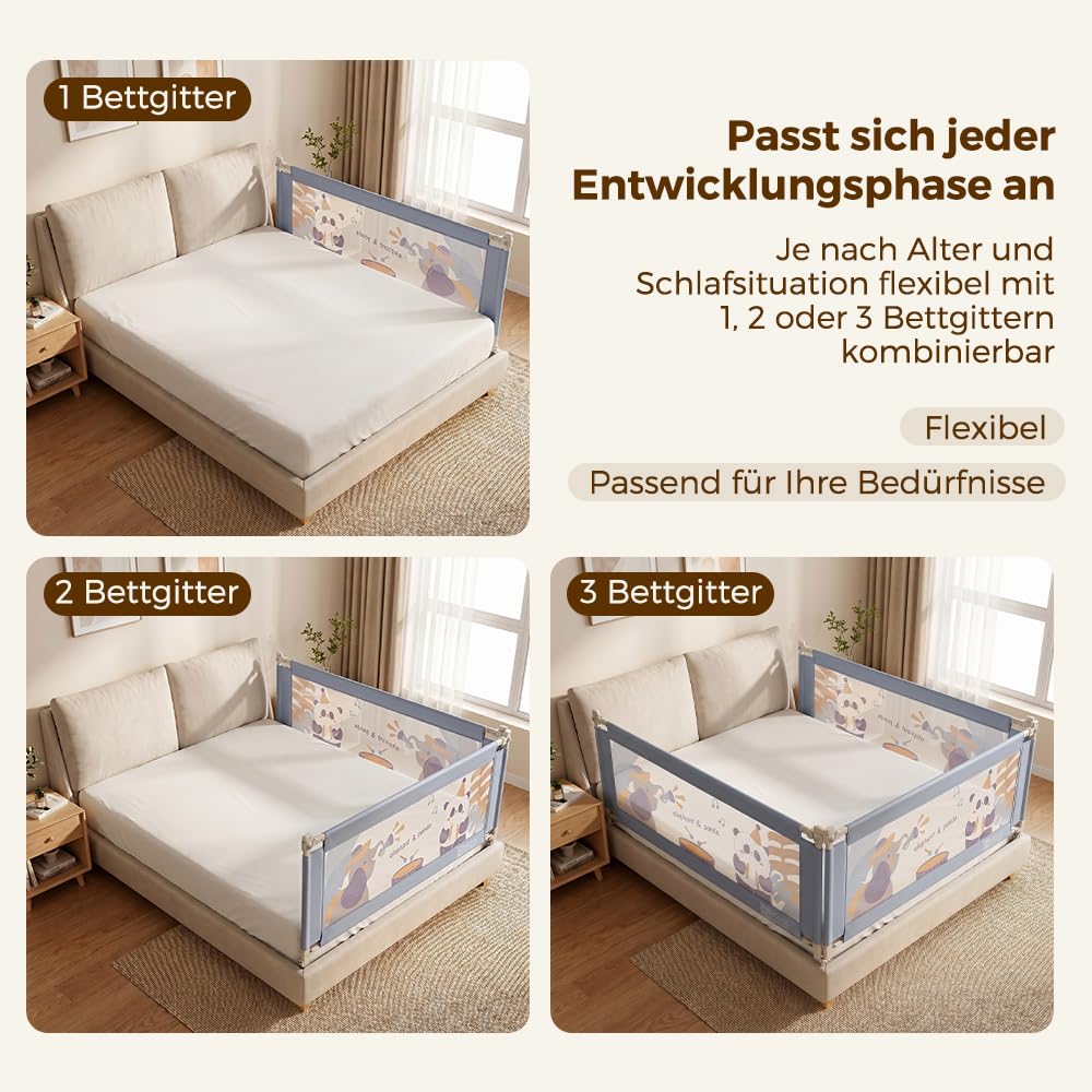 Playpals Baby Bettgitter, Kinderbettgitter 150cm Lang, Höhenverstellbar | Rausfallschutz für Baby Kleinkinder, 70-98cm Höhenverstellbar, Atmungstives Netz, für Einzel- und Doppelbetten, Blau
